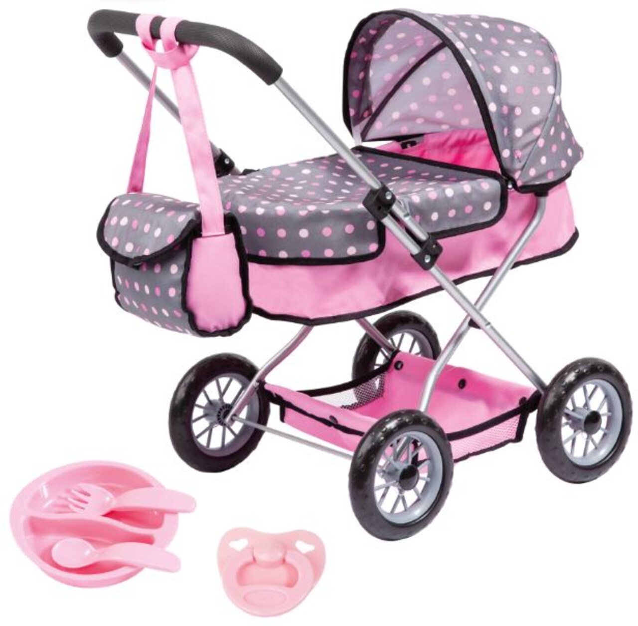 Bayer: Smarty Modern Doll's Pram Set with Travel Bed for 18" Dolls - Includes Blanket, Pillow, Table Seat, Feeding Set & More